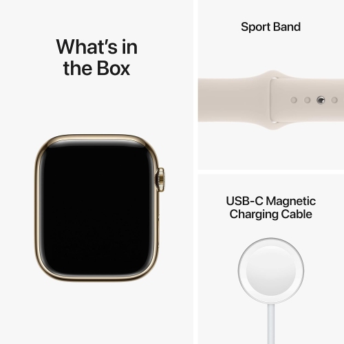 Apple Watch Series 8 [GPS + Cellular 45 mm] Smart Watch w/Gold Stainless Steel Case with Starlight Sport Band - Brand New
