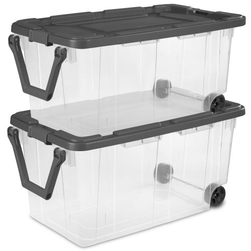 Image 1 de 8.. Sterilite 160&nbsp;Qt – Boîte de rangement empilable verrouillable sur roulettes avec couvercle, paq./2