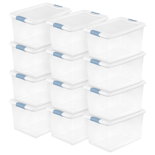 Image 1 de 9.. Sterilite 64&nbsp;Qt – Bac de rangement empilable en plastique transparent avec couvercle à loquet blanc, paq./12