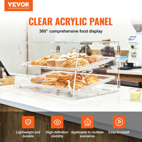 VEVOR 2-Tier Pastry Display Case, Commercial Countertop Bakery Display Case, Acrylic Display Box with Rear Door Access & Removable Shelves, Keep