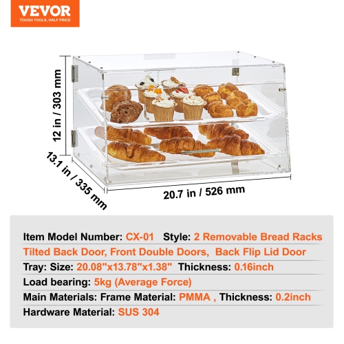 VEVOR 2-Tier Pastry Display Case, Commercial Countertop Bakery Display Case, Acrylic Display Box with Rear Door Access & Removable Shelves, Keep