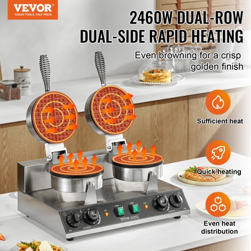VEVOR 2460W Commercial Waffle Maker, Dual-Head Round Waffle Baker Machine, Non-Stick Stainless Steel Belgian Waffle Iron with Temp and Time Control,