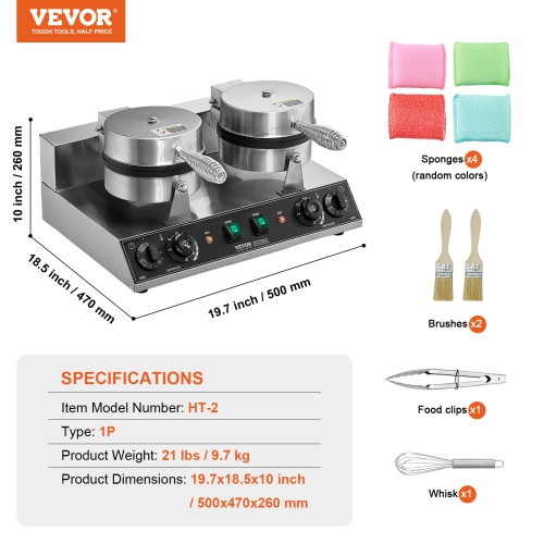 VEVOR 2460W Commercial Waffle Maker, Dual-Head Round Waffle Baker Machine, Non-Stick Stainless Steel Belgian Waffle Iron with Temp and Time Control,