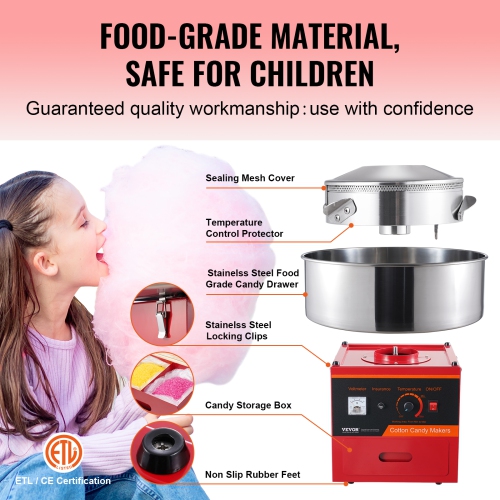 VEVOR 1000W Electric Cotton Candy Machine, Candy Floss Maker,Commercial Cotton Candy Machine with Stainless Steel Bowl, Sugar Scoop, and Drawer,