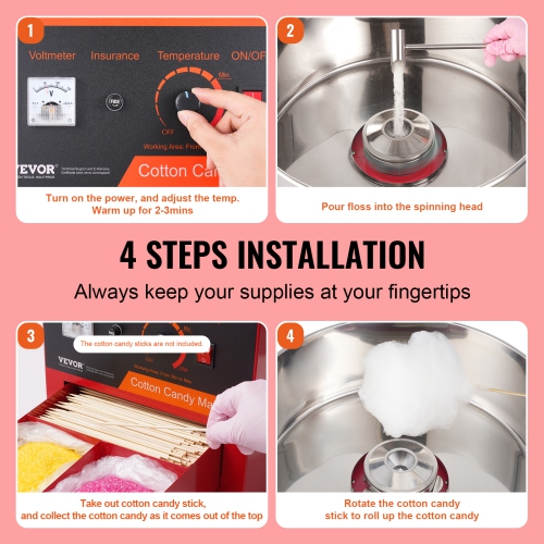 VEVOR 1000W Electric Cotton Candy Machine, Candy Floss Maker,Commercial Cotton Candy Machine with Stainless Steel Bowl, Sugar Scoop, and Drawer,