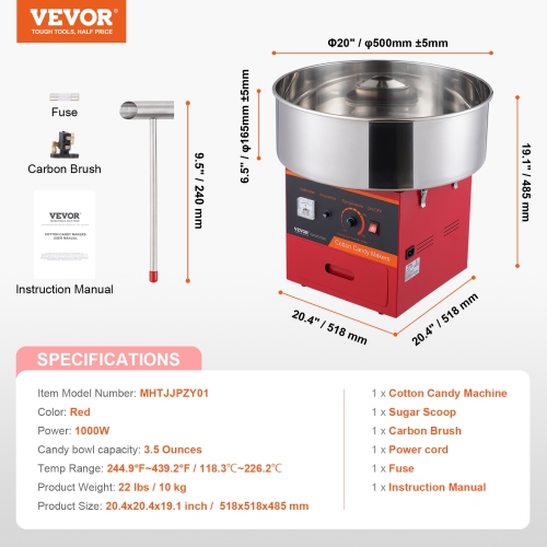 VEVOR 1000W Electric Cotton Candy Machine, Candy Floss Maker,Commercial Cotton Candy Machine with Stainless Steel Bowl, Sugar Scoop, and Drawer,