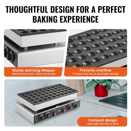 VEVOR 50PCS Mini Dutch Pancake Maker, 43mm Diameter Dorayaki Baker Machine, 1700W Commercial Electric Poffertjes Grill, Non-stick Stainless Steel,