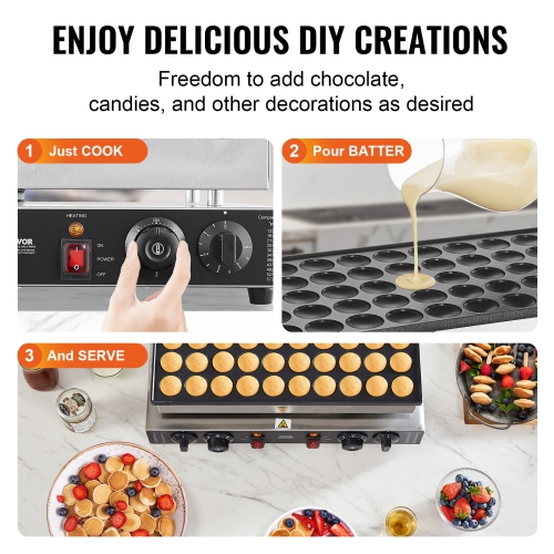 VEVOR 50PCS Mini Dutch Pancake Maker, 43mm Diameter Dorayaki Baker Machine, 1700W Commercial Electric Poffertjes Grill, Non-stick Stainless Steel,