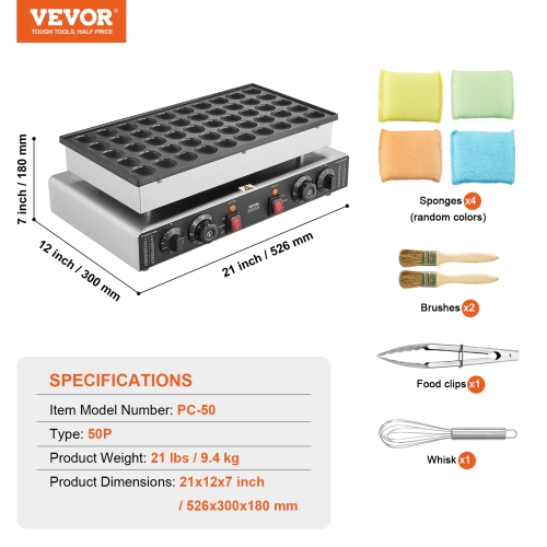 VEVOR 50PCS Mini Dutch Pancake Maker, 43mm Diameter Dorayaki Baker Machine, 1700W Commercial Electric Poffertjes Grill, Non-stick Stainless Steel,