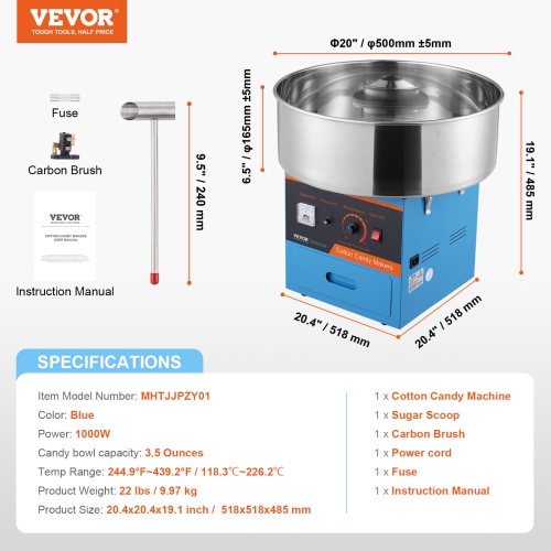 VEVOR 1000W Electric Cotton Candy Machine, Candy Floss Maker,Commercial Cotton Candy Machine with Stainless Steel Bowl, Sugar Scoop, and