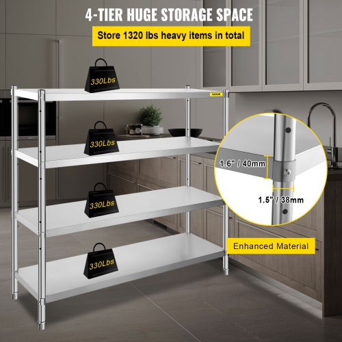 VEVOR 60x18.5 Inch Stainless Steel Shelving, 4 Tier Adjustable Shelf Storage Unit Stainless Steel Heavy Duty Shelving for Kitchen Commercial Office