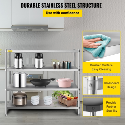 VEVOR 60x18.5 Inch Stainless Steel Shelving, 4 Tier Adjustable Shelf Storage Unit Stainless Steel Heavy Duty Shelving for Kitchen Commercial Office