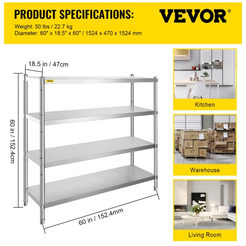 VEVOR 60x18.5 Inch Stainless Steel Shelving, 4 Tier Adjustable Shelf Storage Unit Stainless Steel Heavy Duty Shelving for Kitchen Commercial Office