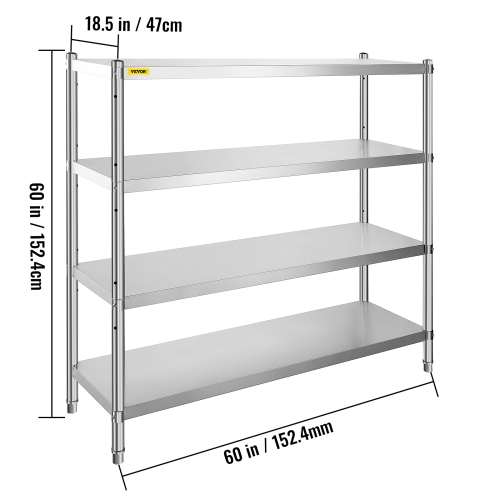 VEVOR 60x18.5 Inch Stainless Steel Shelving, 4 Tier Adjustable Shelf Storage Unit Stainless Steel Heavy Duty Shelving for Kitchen Commercial Office