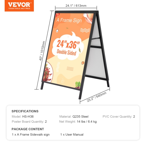 VEVOR 24x36 Inch A Frame Sidewalk Sign, Heavy Duty Slide-in Signboard Holder, Double-Sided Folding Sandwich Board Signs, Steel Pavement Sign Poster