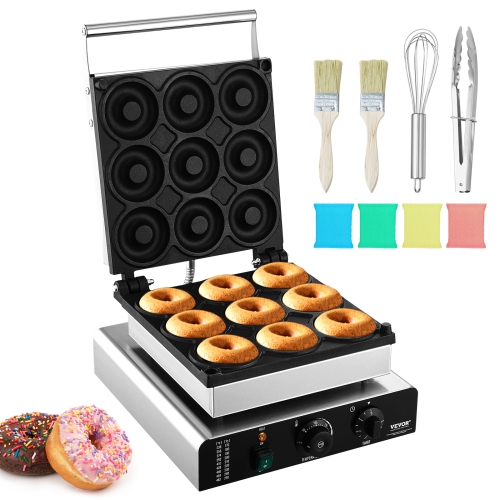 VEVOR 2000W Electric Donut Maker, Commercial Doughnut Machine with Non-stick Surface, 9 Holes Double-Sided Heating Waffle Machine Makes 9 Doughnuts,