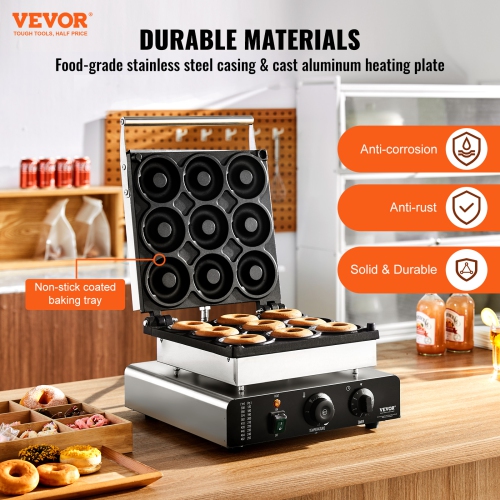 VEVOR 2000W Electric Donut Maker, Commercial Doughnut Machine with Non-stick Surface, 9 Holes Double-Sided Heating Waffle Machine Makes 9 Doughnuts,