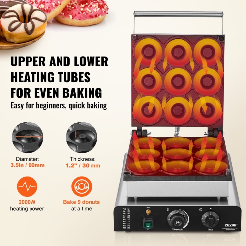 VEVOR 2000W Electric Donut Maker, Commercial Doughnut Machine with Non-stick Surface, 9 Holes Double-Sided Heating Waffle Machine Makes 9 Doughnuts,