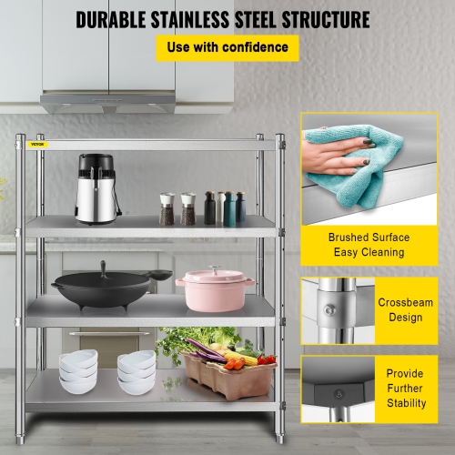 VEVOR 46.8x18.5 Inch Stainless Steel Shelving, 4 Tier Adjustable Shelf Storage Unit Stainless Steel Heavy Duty Shelving for Kitchen Commercial Office