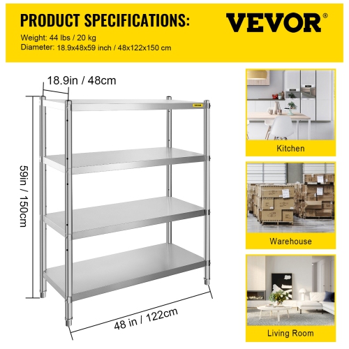 VEVOR 46.8x18.5 Inch Stainless Steel Shelving, 4 Tier Adjustable Shelf Storage Unit Stainless Steel Heavy Duty Shelving for Kitchen Commercial Office