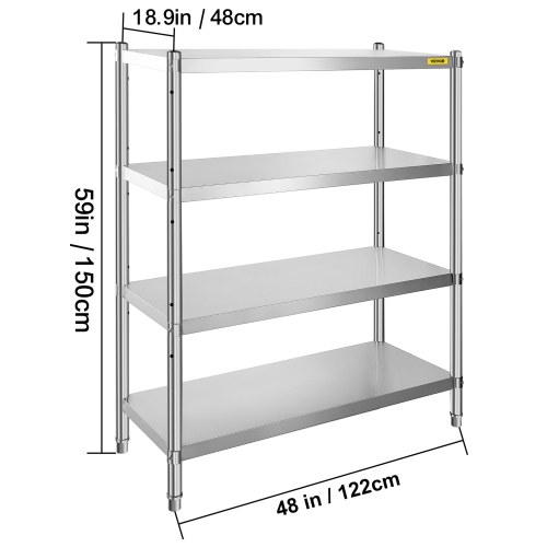 VEVOR 46.8x18.5 Inch Stainless Steel Shelving, 4 Tier Adjustable Shelf Storage Unit Stainless Steel Heavy Duty Shelving for Kitchen Commercial Office