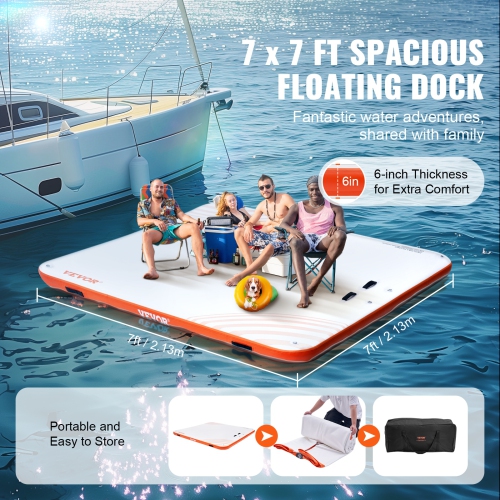 VEVOR 7 x 7FT Inflatable Floating Dock, Dock Platform, Non-Slip Water Floating Dock Mat with Carrying Bag & Detachable Ladder, Floating Platform