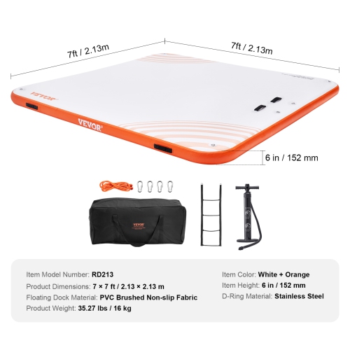 VEVOR 7 x 7FT Inflatable Floating Dock, Dock Platform, Non-Slip Water Floating Dock Mat with Carrying Bag & Detachable Ladder, Floating Platform