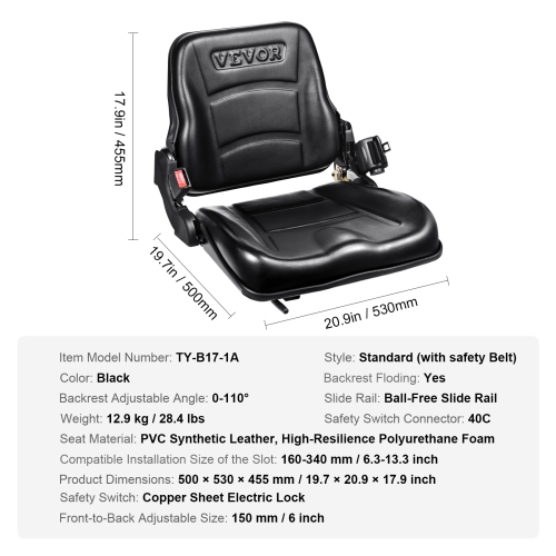 VEVOR 6.3-13.4 inch Universal Forklift Seat,Fold Down Tractor Seat with Adjustable Angle Back,Micro Switch and Retractable Seatbelt,Slot Forklift