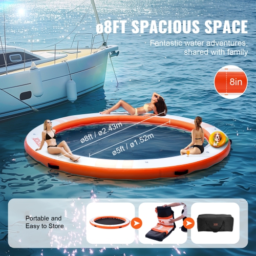 VEVOR 8FT Inflatable Floating Dock,Dock Platform with 5FT Trampoline Mesh Pool,Non-Slip Floating Platform Water Mat with Portable Bag & Detachable
