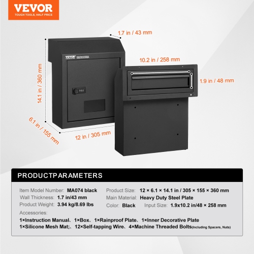 VEVOR 12" Through The Door Key Drop Box, Heavy Duty Steel Through the Door Mailbox with Combination Lock, Mail Drop Box, Black