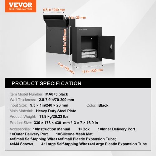 VEVOR 2.8-7.9" 13" Through The Wall Drop Box, Heavy Duty Steel Through the Wall Mailbox with Combination Lock, 13x7x17" Mail Drop Box, Black
