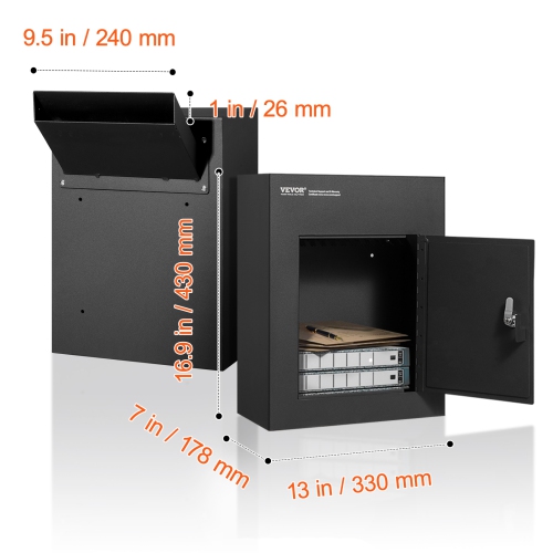 VEVOR 2.8-7.9" 13" Through The Wall Drop Box, Heavy Duty Steel Through the Wall Mailbox with Combination Lock, 13x7x17" Mail Drop Box, Black