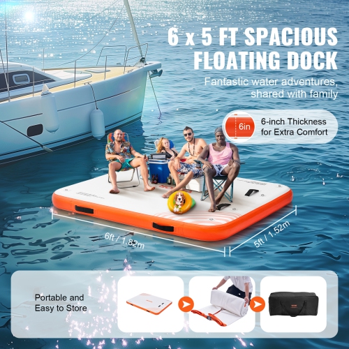VEVOR 6 x 5FT Inflatable Floating Dock, Non-Slip Water Floating Dock Mat with Portable Carrying Bag & Detachable Ladder, Floating Platform Island