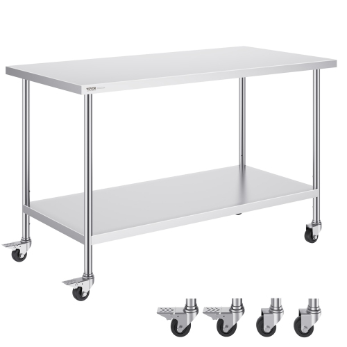 VEVOR 30 x 60 x 38 Inch Stainless Steel Work Table , with 4 Wheels, 3 Adjustable Height Levels, Heavy Duty Food Prep Worktable for Commercial Kitchen