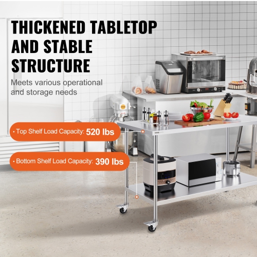 VEVOR 30 x 60 x 38 Inch Stainless Steel Work Table , with 4 Wheels, 3 Adjustable Height Levels, Heavy Duty Food Prep Worktable for Commercial Kitchen