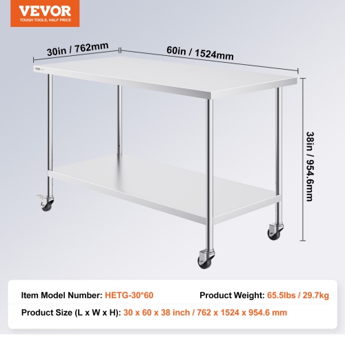 VEVOR 30 x 60 x 38 Inch Stainless Steel Work Table , with 4 Wheels, 3 Adjustable Height Levels, Heavy Duty Food Prep Worktable for Commercial Kitchen
