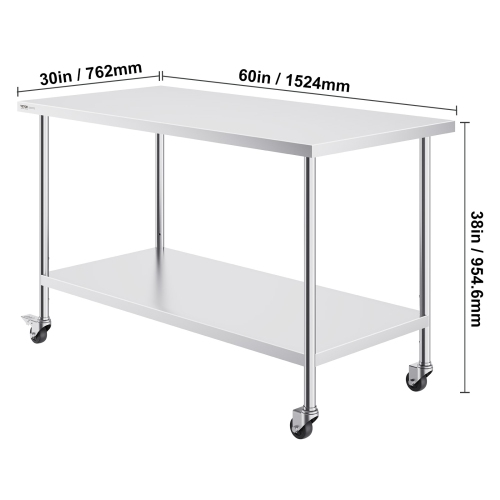 VEVOR 30 x 60 x 38 Inch Stainless Steel Work Table , with 4 Wheels, 3 Adjustable Height Levels, Heavy Duty Food Prep Worktable for Commercial Kitchen