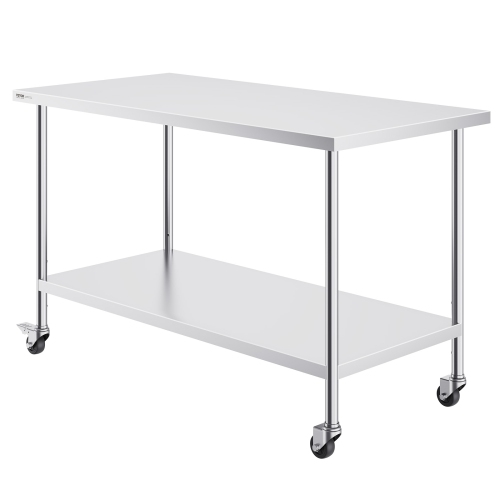 VEVOR 30 x 60 x 38 Inch Stainless Steel Work Table , with 4 Wheels, 3 Adjustable Height Levels, Heavy Duty Food Prep Worktable for Commercial Kitchen
