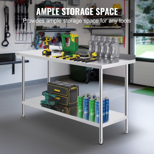 VEVOR 24 x 60 x 36 Inch Stainless Steel Work Table, Commercial Food Prep Worktable Heavy Duty Prep Worktable, Metal Work Table with Adjustable Height