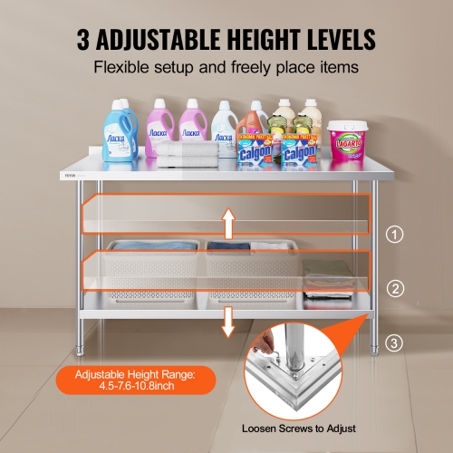 VEVOR 24 x 60 x 36 Inch Stainless Steel Work Table, Commercial Food Prep Worktable Heavy Duty Prep Worktable, Metal Work Table with Adjustable Height