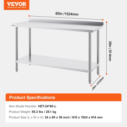 VEVOR 24 x 60 x 36 Inch Stainless Steel Work Table, Commercial Food Prep Worktable Heavy Duty Prep Worktable, Metal Work Table with Adjustable Height