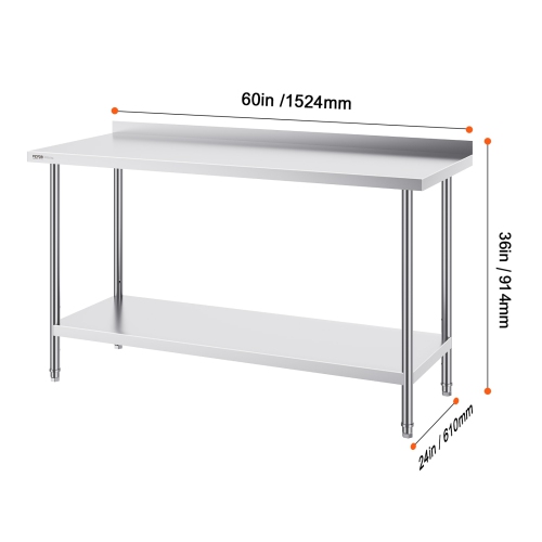 VEVOR 24 x 60 x 36 Inch Stainless Steel Work Table, Commercial Food Prep Worktable Heavy Duty Prep Worktable, Metal Work Table with Adjustable Height