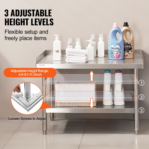 VEVOR 30 x 36 x 26 Inch Stainless Steel Work Table, Commercial Food Prep Worktable, 3-Sided Backsplash Heavy Duty Prep Worktable, Metal Work Table