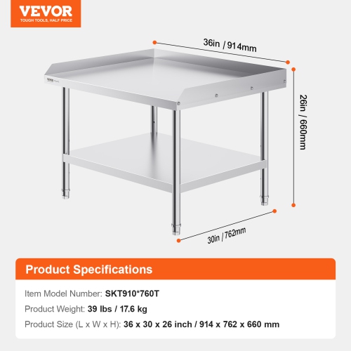 VEVOR 30 x 36 x 26 Inch Stainless Steel Work Table, Commercial Food Prep Worktable, 3-Sided Backsplash Heavy Duty Prep Worktable, Metal Work Table
