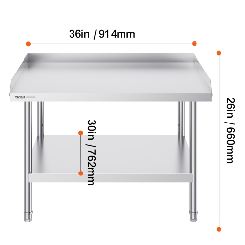 VEVOR 30 x 36 x 26 Inch Stainless Steel Work Table, Commercial Food Prep Worktable, 3-Sided Backsplash Heavy Duty Prep Worktable, Metal Work Table