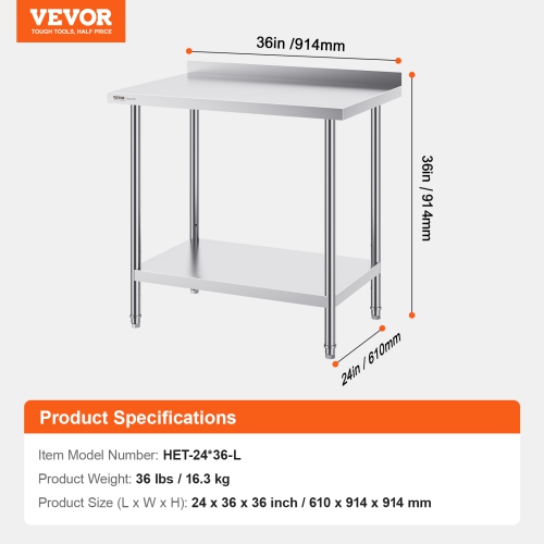 VEVOR 24 x 36 x 36 Inch Stainless Steel Work Table, Commercial Food Prep Worktable Heavy Duty Prep Worktable, Metal Work Table with Adjustable Height