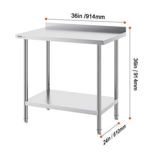 VEVOR 24 x 36 x 36 Inch Stainless Steel Work Table, Commercial Food Prep Worktable Heavy Duty Prep Worktable, Metal Work Table with Adjustable Height