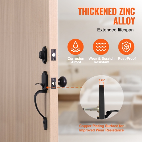 VEVOR Front Door Handle and Deadbolt Set, Matte Black Front Door Lock Set with Interior Knob, Adjustable Hole Spacing Single Cylinder Handleset, for