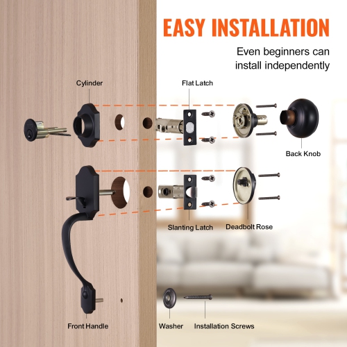 VEVOR Front Door Handle and Deadbolt Set, Matte Black Front Door Lock Set with Interior Knob, Adjustable Hole Spacing Single Cylinder Handleset, for
