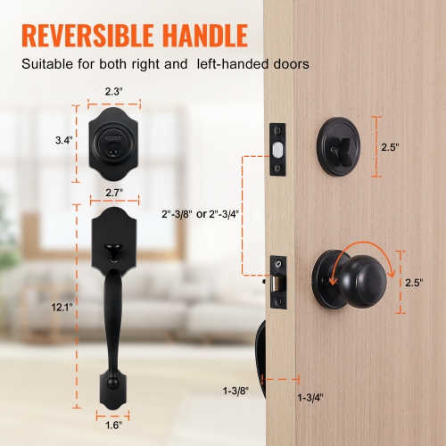VEVOR Front Door Handle and Deadbolt Set, Matte Black Front Door Lock Set with Interior Knob, Adjustable Hole Spacing Single Cylinder Handleset, for
